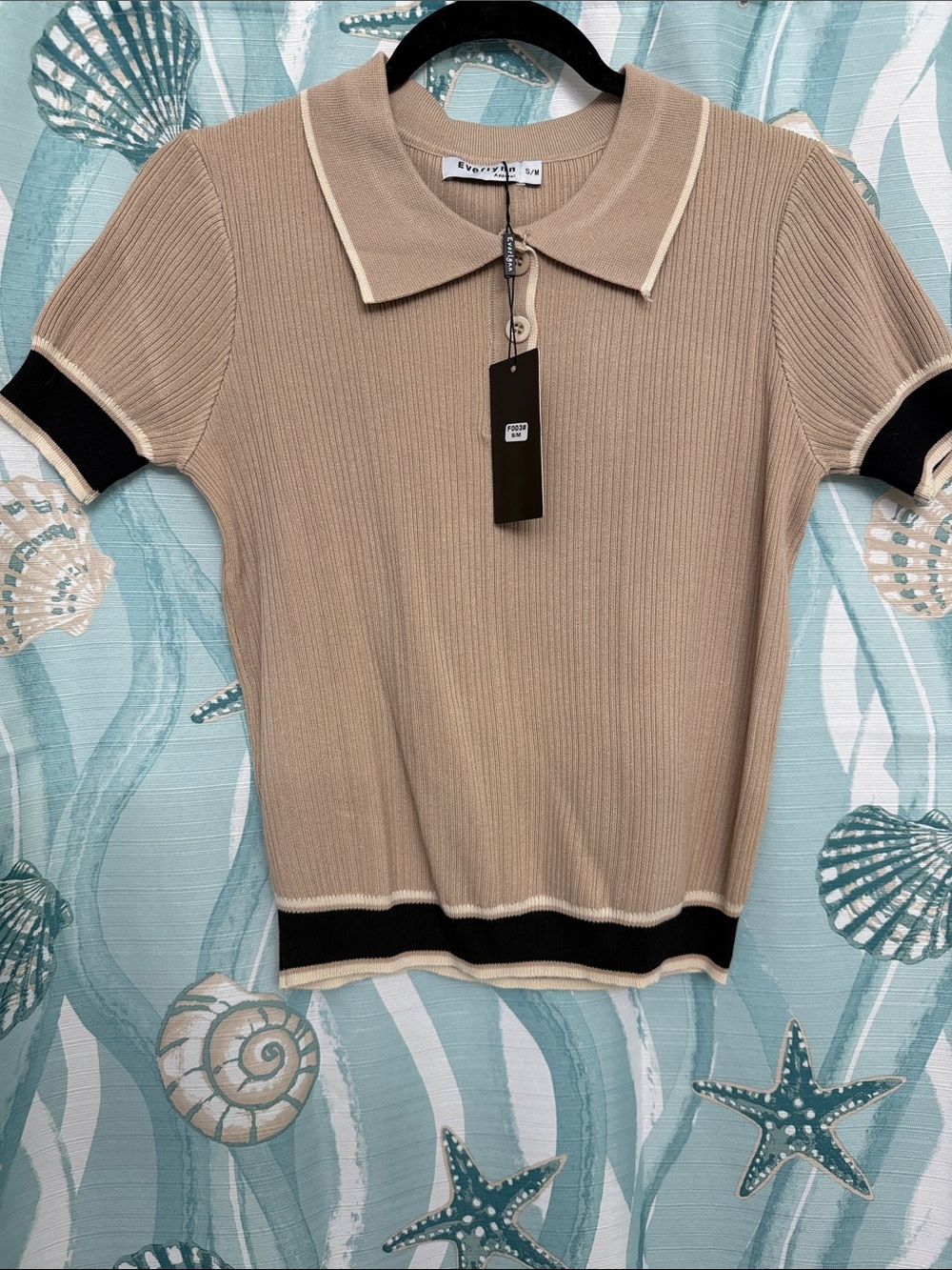 Ribbed Polo Knit Top in Beige with Black Trim